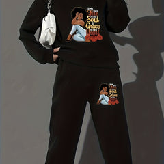 Women's Slogan Print Long Sleeve Sweatshirt & Joggers Set