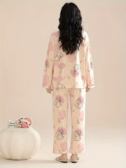 Cartoon Cat Pajama Set Long Sleeve V Neck Top & Elastic Waistband