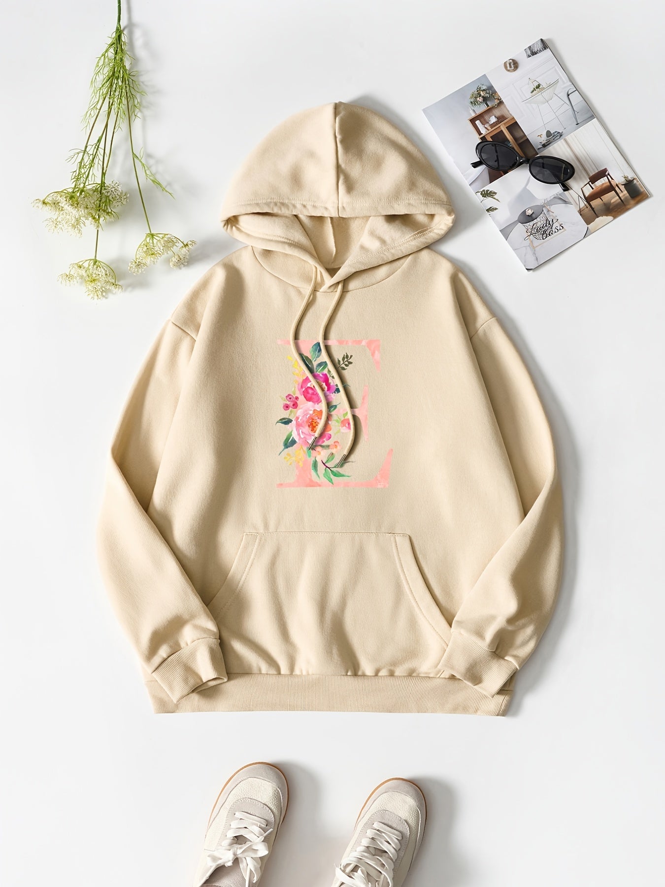 Flower & E Print Pullover Sweatshirt Drawstring Hoodies