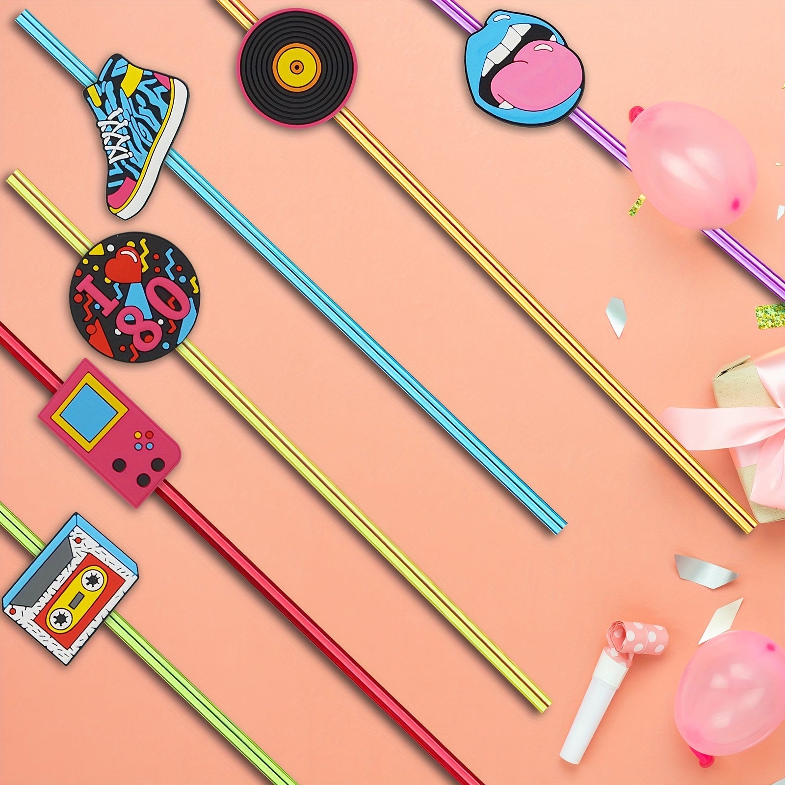8pcs 80s Theme Reusable Drinking Straws for Family Gatherings, Birthday Parties