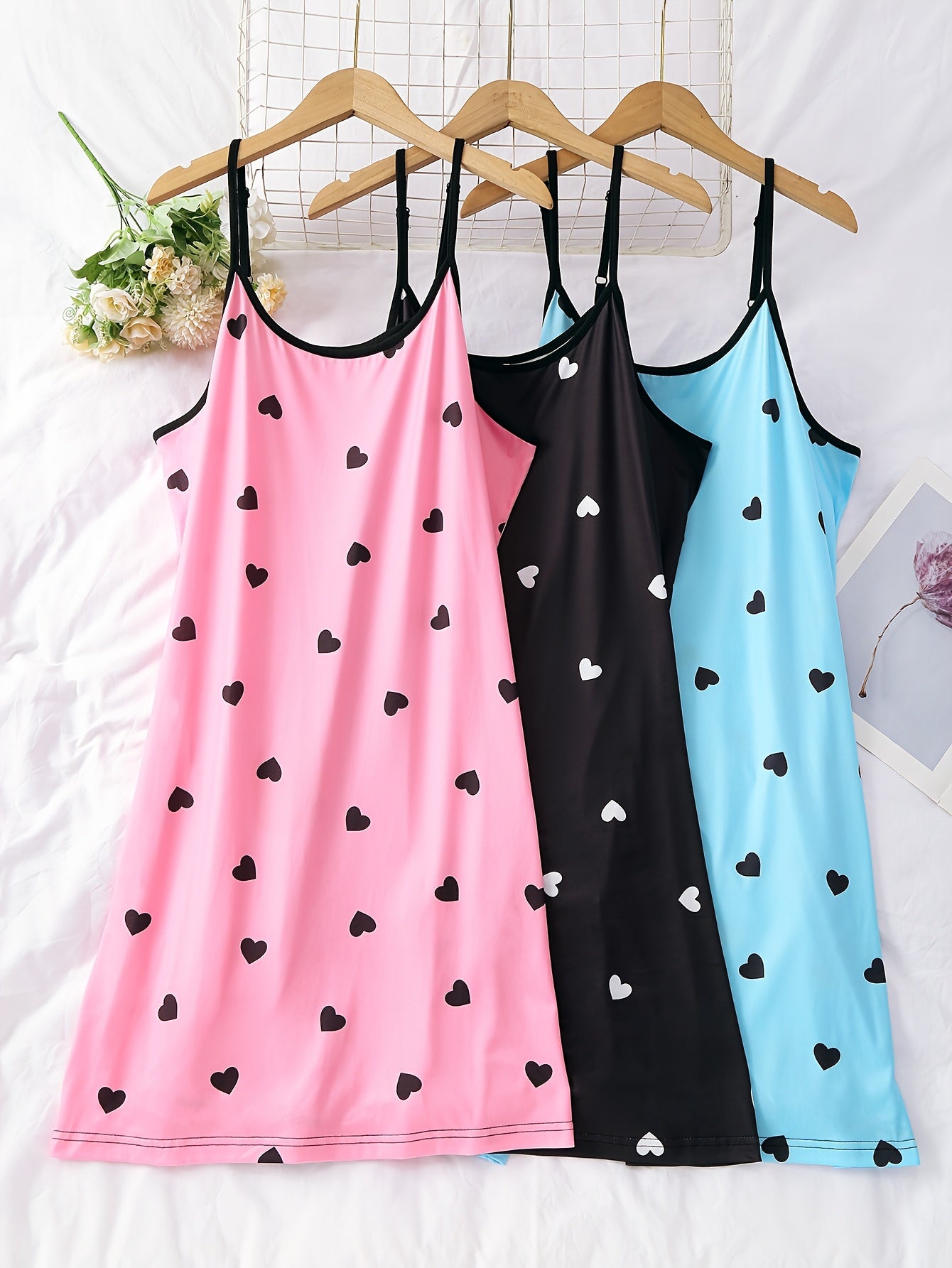 3 Piece Plus Size Heart Print Nightdress Set