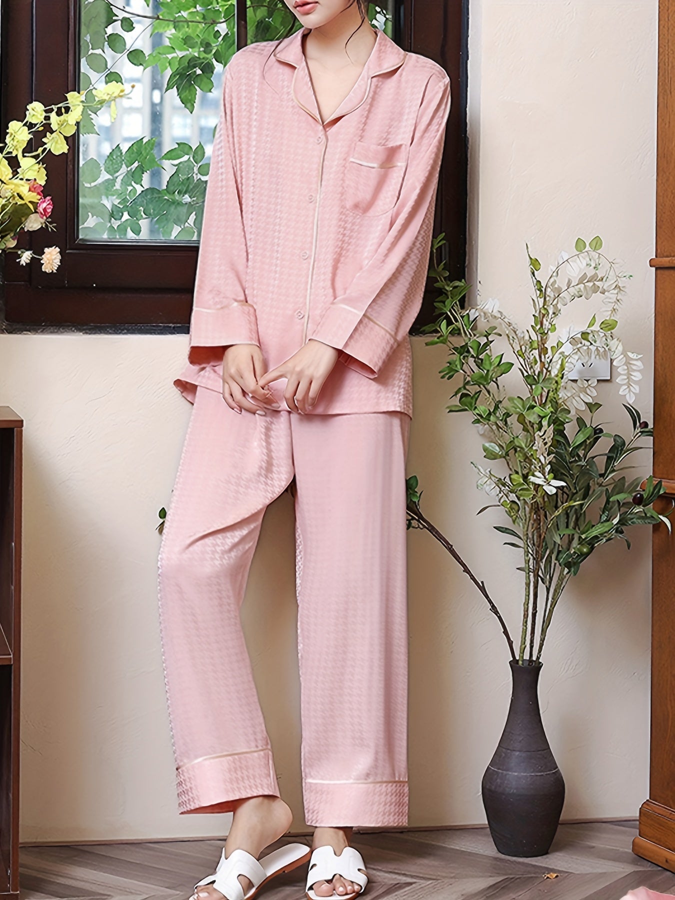 Plaid Pajamas Set Button Up Blouse Top & Pants