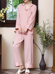 Plaid Pajamas Set Button Up Blouse Top & Pants