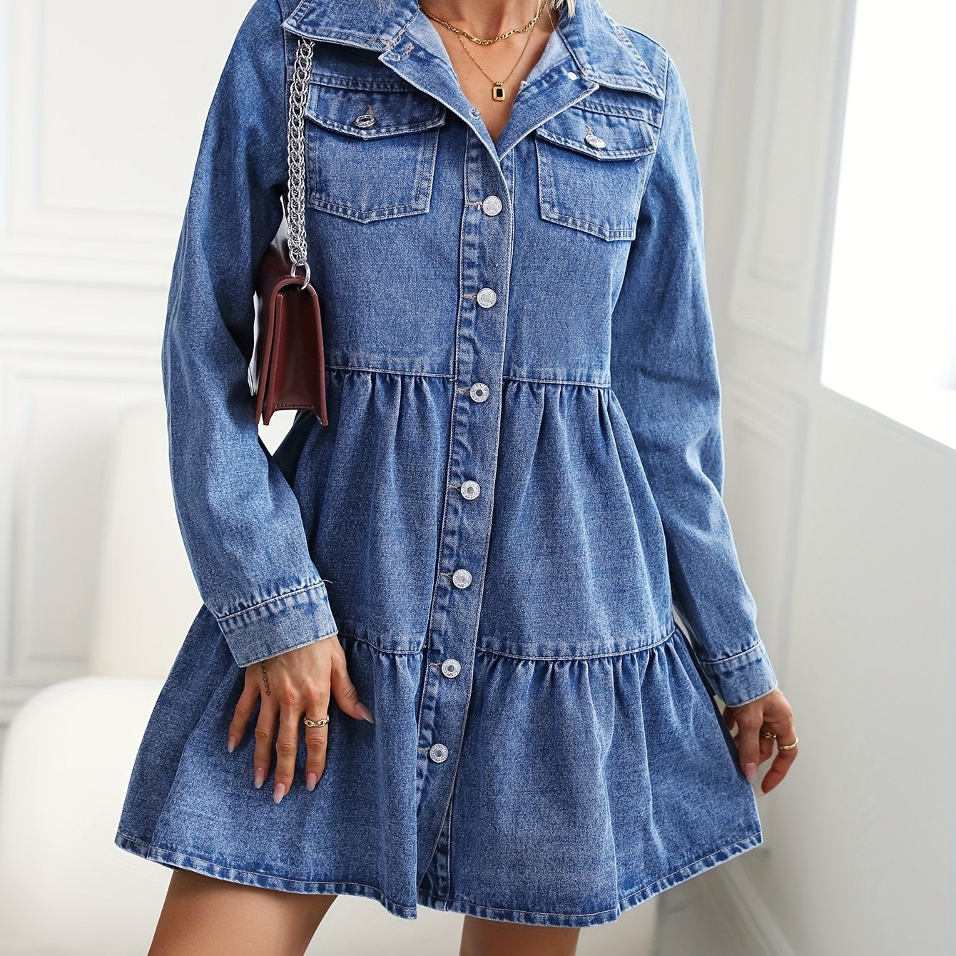 Denim Dress Long Sleeve Button Up Collar Mini Smock