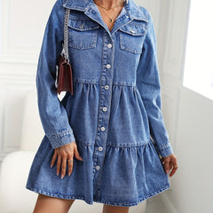 Denim Dress Long Sleeve Button Up Collar Mini Smock