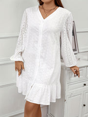 Solid Hollow Out Long Sleeve V Neck Button Up Dress