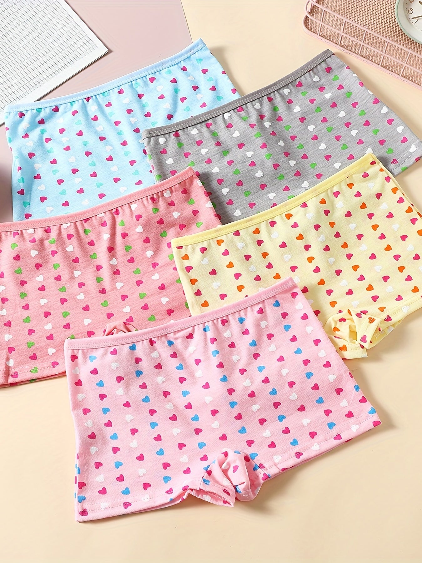 5pcs Girl's Cat Cartoon Underwears Medium Stretch Cotton Panties