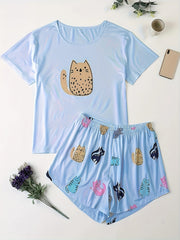 Plus Size Cat Print Pajamas Set Women's Short Sleeve Shirt & Shorts