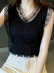 Lace Trim V Neck Tank Top Sleeveless Summer Casual Women's Clothing