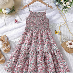 Girl's Floral Shirred Strappy Cami Dress For Party Beach Holiday