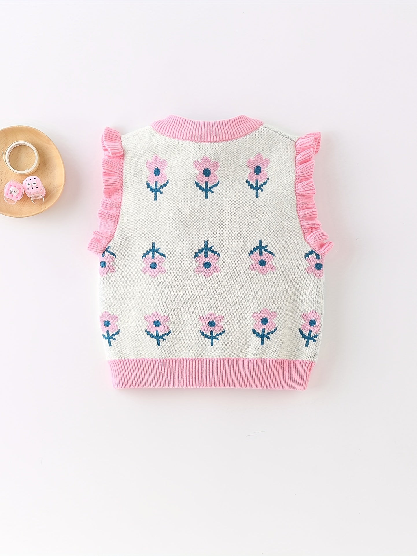 Baby Girl Knitted Sweater Vest Ruffle Trim Flower Print Cardigan Vest