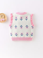 Baby Girl Knitted Sweater Vest Ruffle Trim Flower Print Cardigan Vest