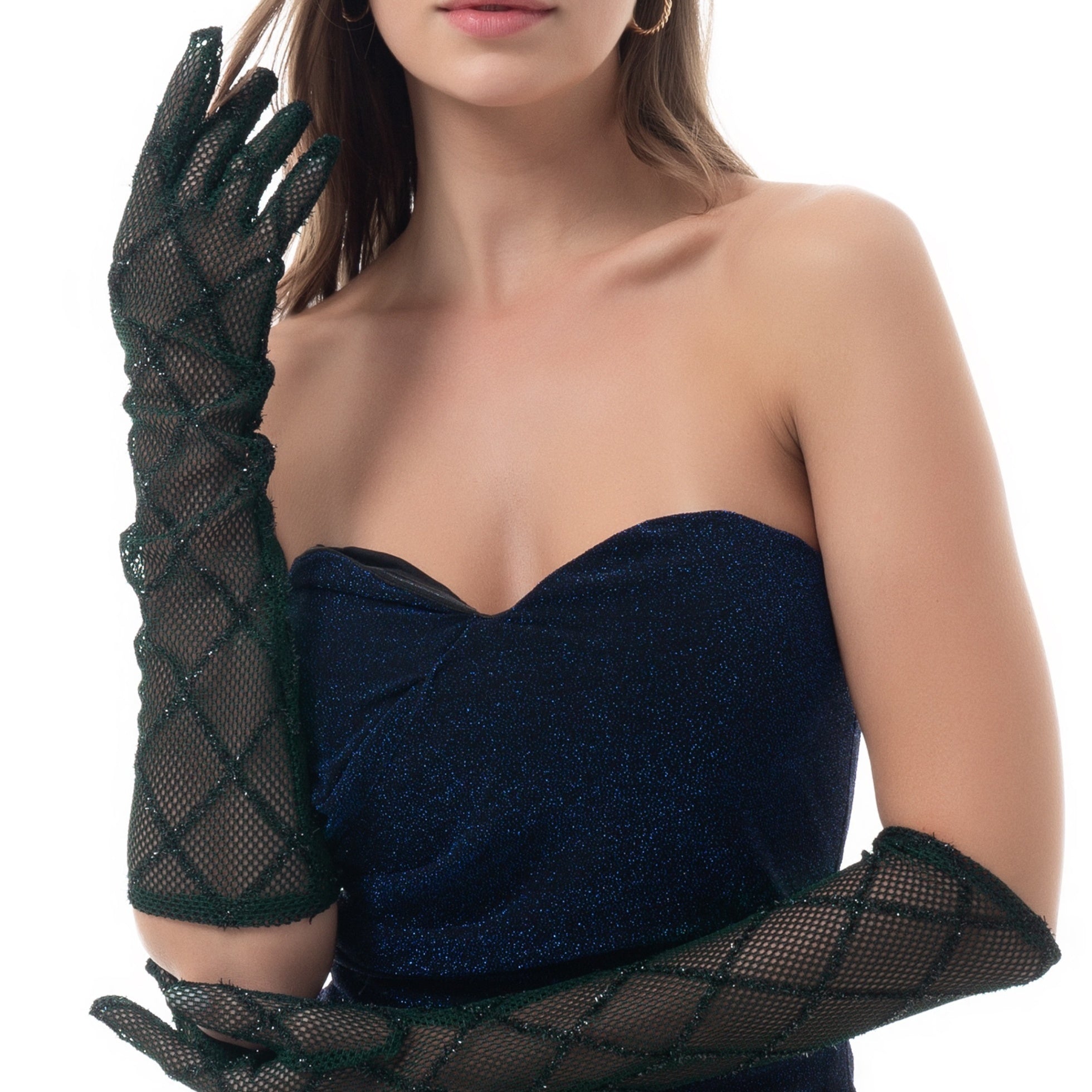 Dark Green Mesh Long Gloves Vintage Plaid Dress Up Elastic Gloves