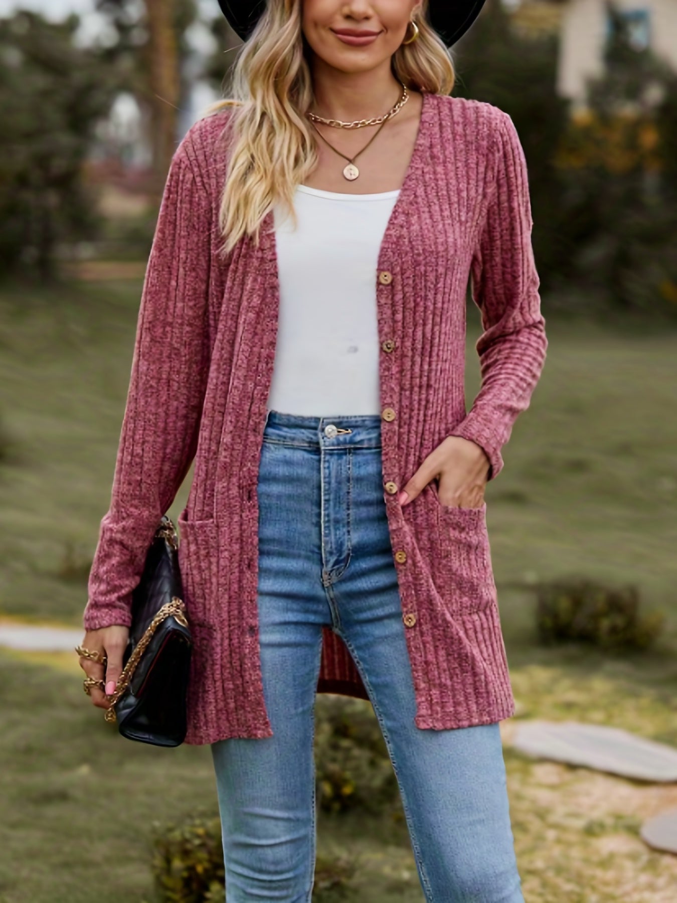 Ribbed Knit Button-Up Cardigan with Pockets