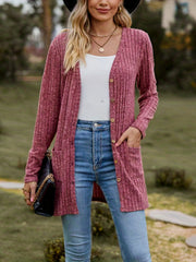 Ribbed Knit Button-Up Cardigan with Pockets