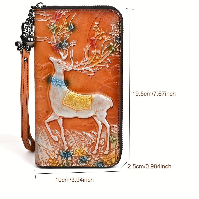 Vintage Leather Women's Wallet with Deer Print Orange & Light Brown