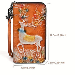 Vintage Leather Women's Wallet with Deer Print Orange & Light Brown