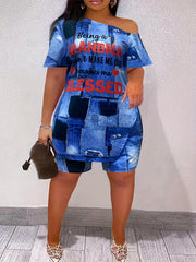 Patchwork Casual Two piece Set Letter Print Slanted Shoulder T shirt & Slim Shor