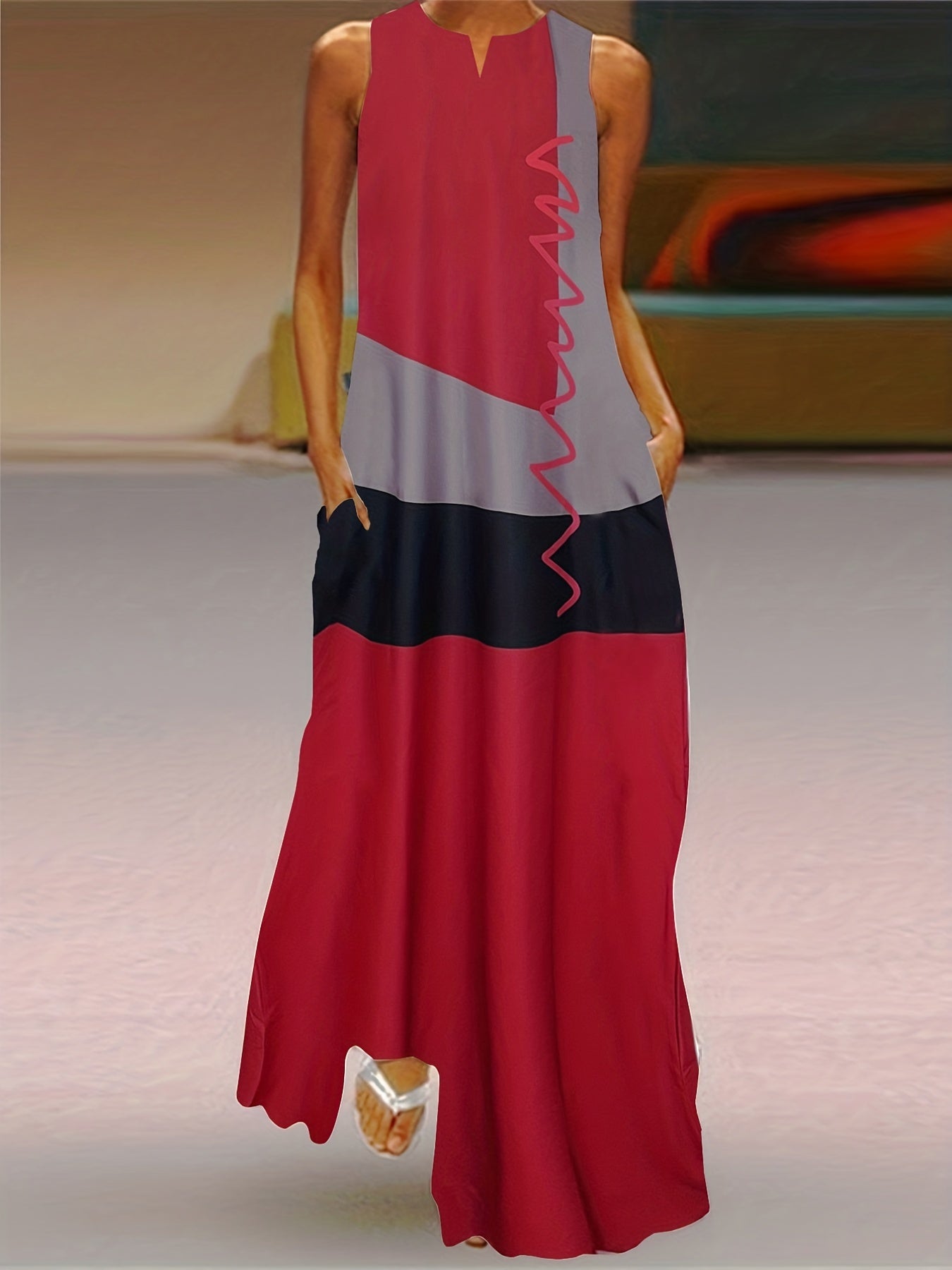 Colorblock Stripe Print Maxi Tank Dress With Pockets