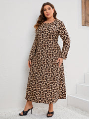 Women's Plus Leopard Print Long Sleeve Round Neck Maxi Dress