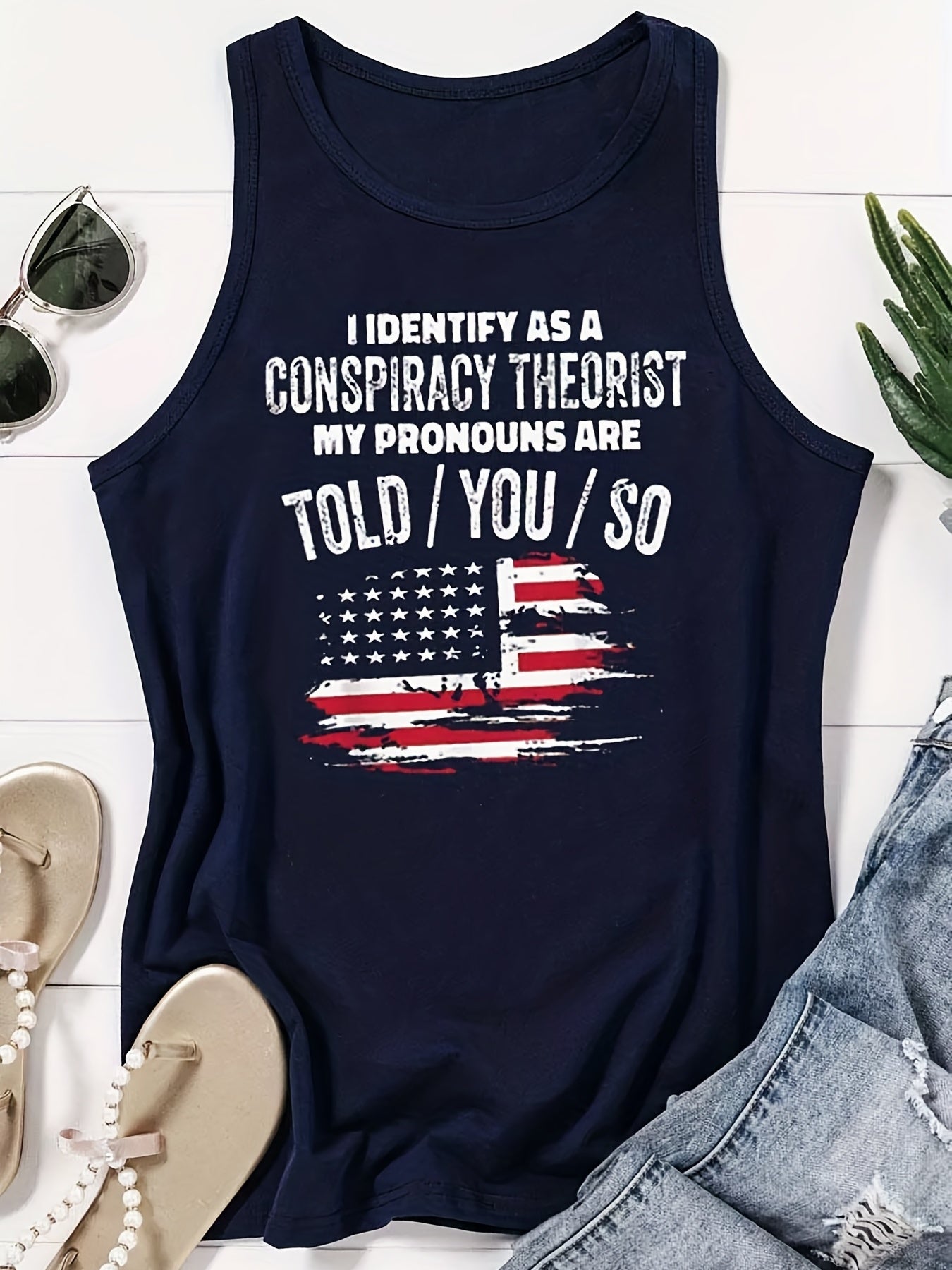Flag & Slogan Print Tank Top