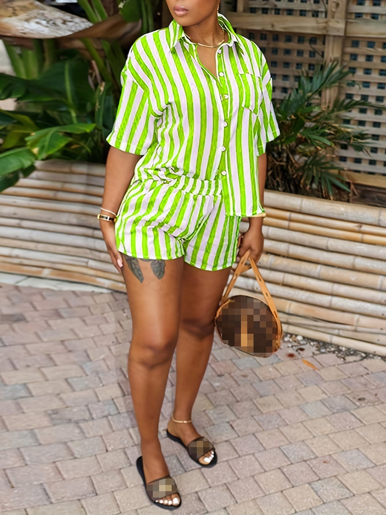 Striped Print Two piece Set Button Front Shirt & Shorts