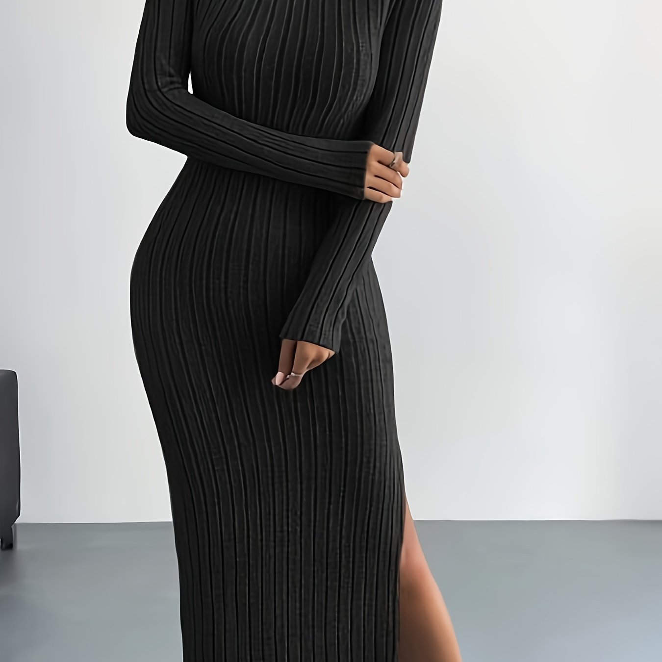 Ribbed Lounge Dress Long Sleeve Side Split