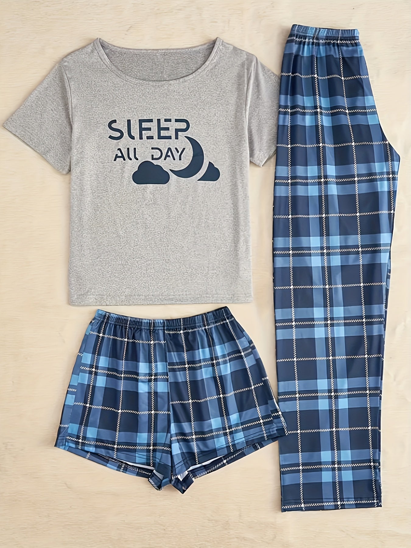 Preppy Loungewear Set Women's Plus Graphic Tee & Plaid Shorts