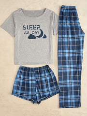 Preppy Loungewear Set Women's Plus Graphic Tee & Plaid Shorts