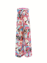 Ethnic Floral Print Tube Jumpsuit Vacation Off Shoulder Wide Leg Jumpsuit