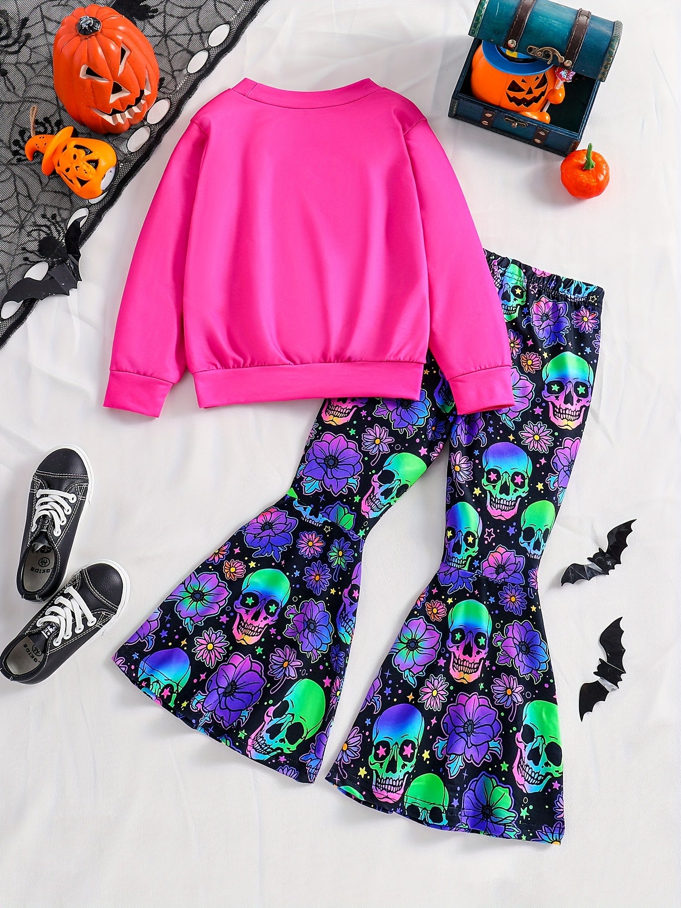 Girl's Skeleton Graphic Outfit 2pcs Set Glow in Dark Kid's Halloween Clothes