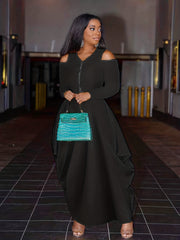 Sexy Maxi Dress Cold Shoulder Long Sleeve Round Neck Zipper Draped