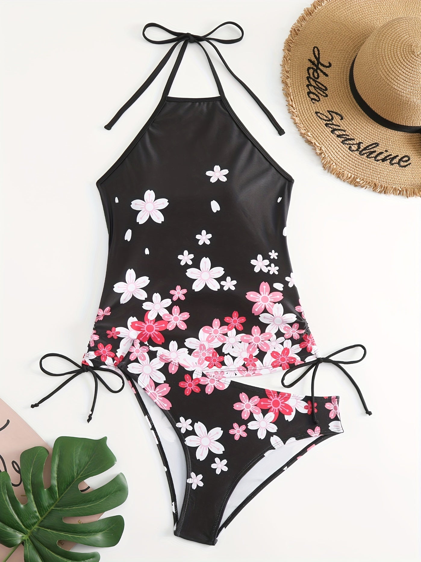 Floral Print Tankini Set Halter Neck Knot Side Top & Underwear Two Pie