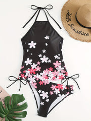 Floral Print Tankini Set Halter Neck Knot Side Top & Underwear Two Pie