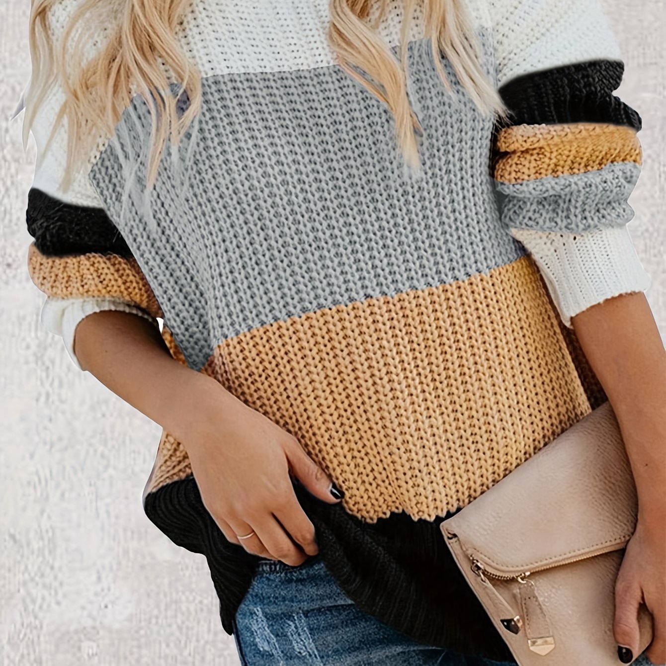 Casual Colorblock Sweater Round Neck Pullover Jumper