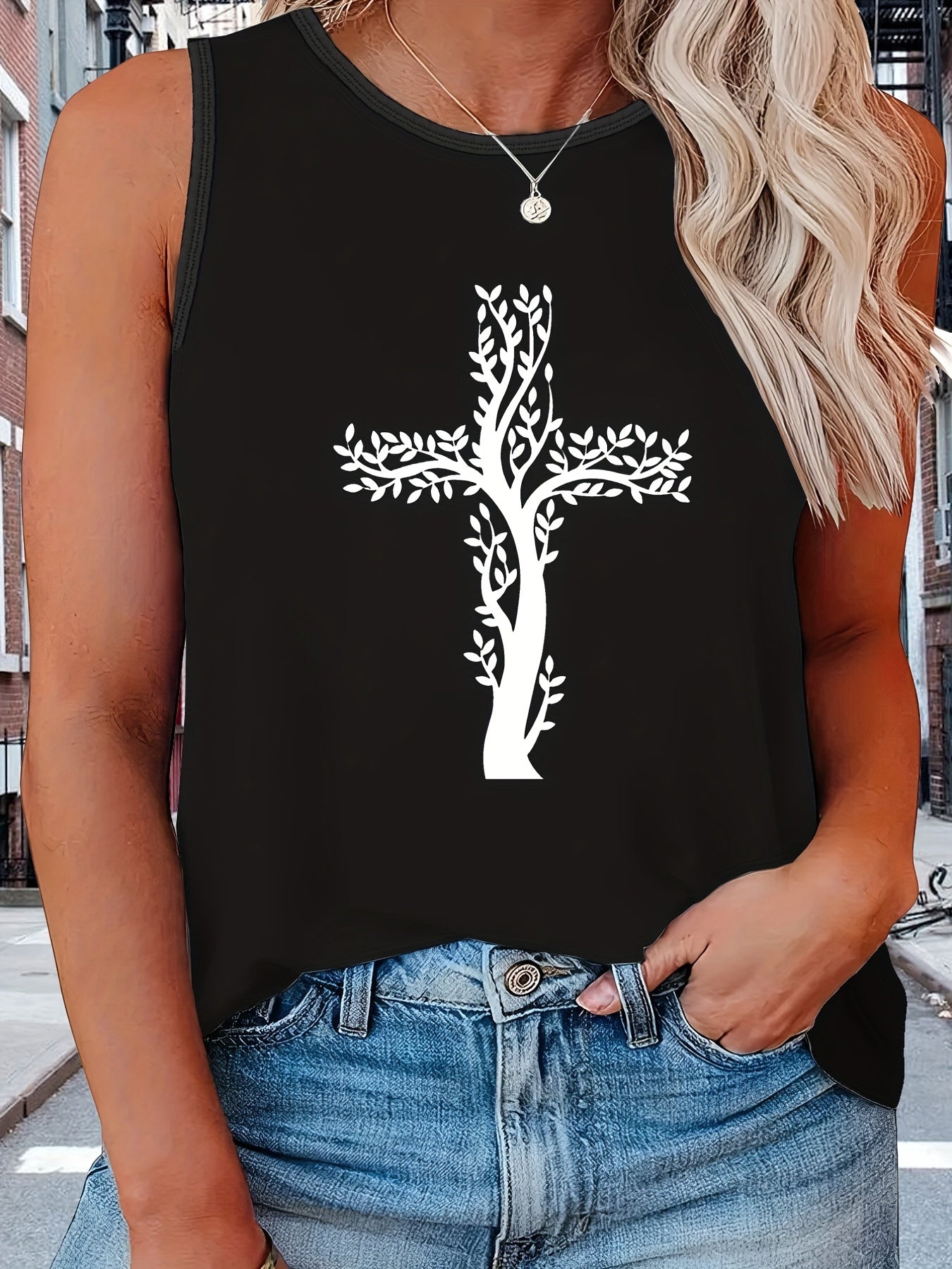 Casual Tank Top Women's Plus Letter Print Round Neck Medium Stretch