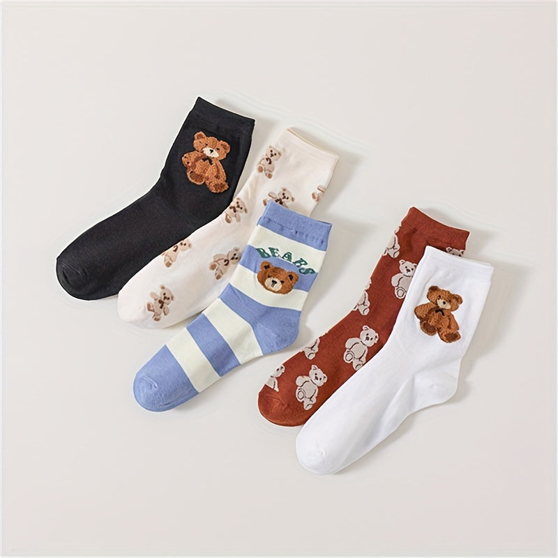 5 Pairs Cartoon Bear Print Socks Women's Stockings