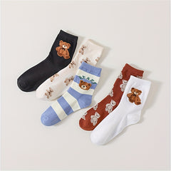 5 Pairs Cartoon Bear Print Socks Women's Stockings