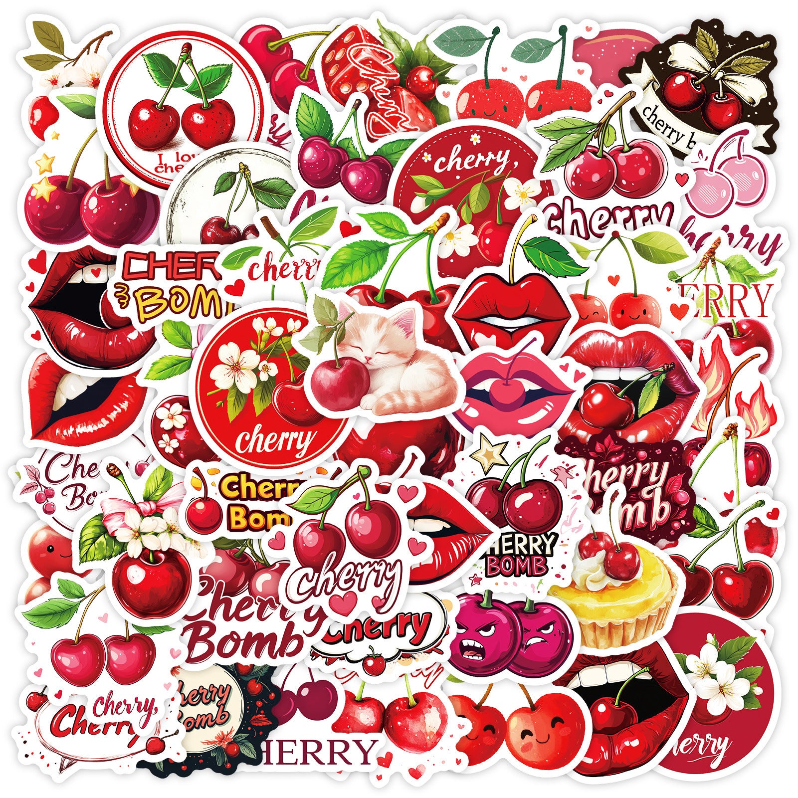 50pcs Cherry Stickers Waterproof Vinyl Decals Cartoon Cats Lips & Cherry Bomb