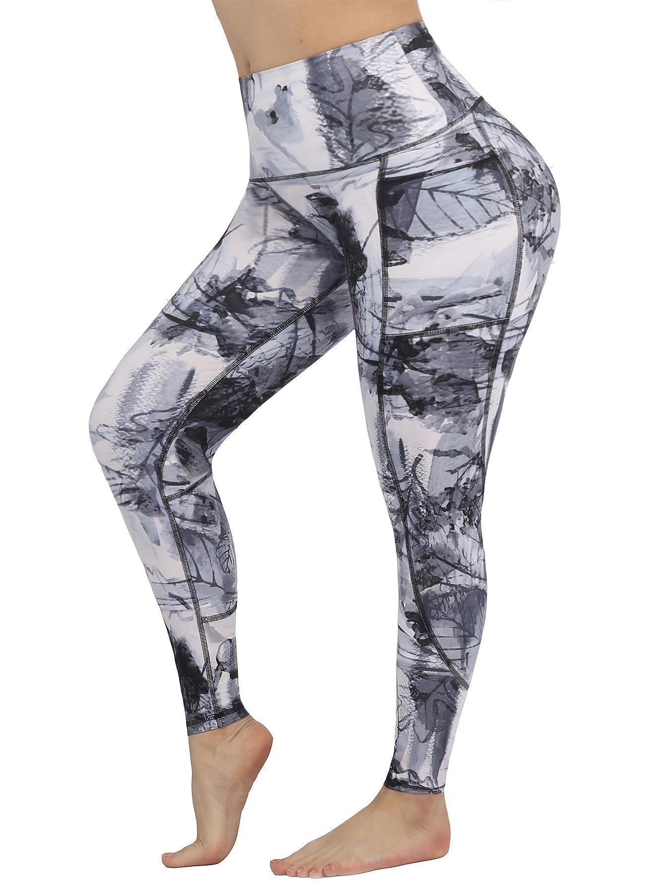 Fashionable Ink Print High Waist Yoga Pants Slim Fit Ankle Length Activewear