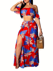 Tropical Print Crop Top & Side Slit Maxi Skirt Set