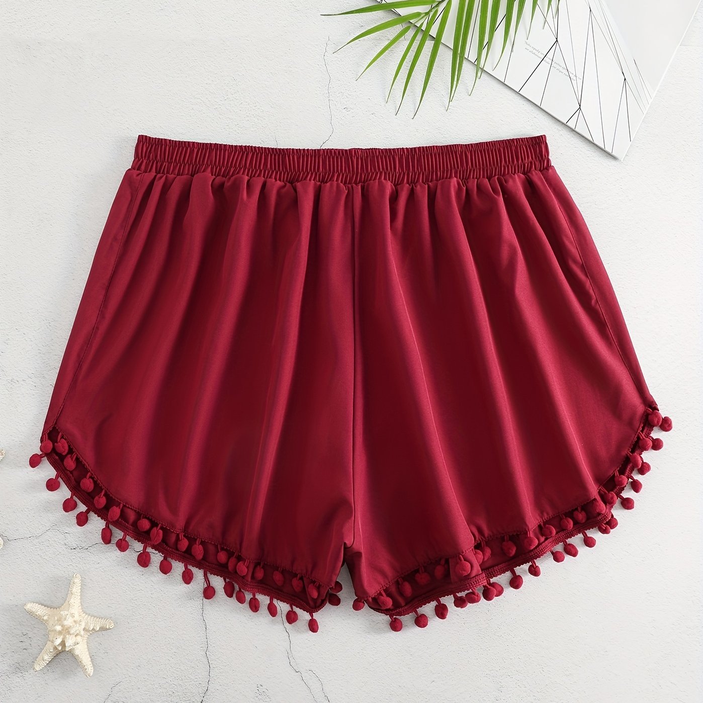 Boho Shorts Pompom Trim Elastic Stretch Shorts