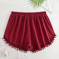 Boho Shorts Pompom Trim Elastic Stretch Shorts