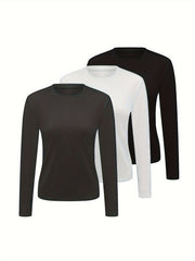 3pcs Solid Thermal Underwear Tops Long Sleeve Crew Neck Women's Lingerie