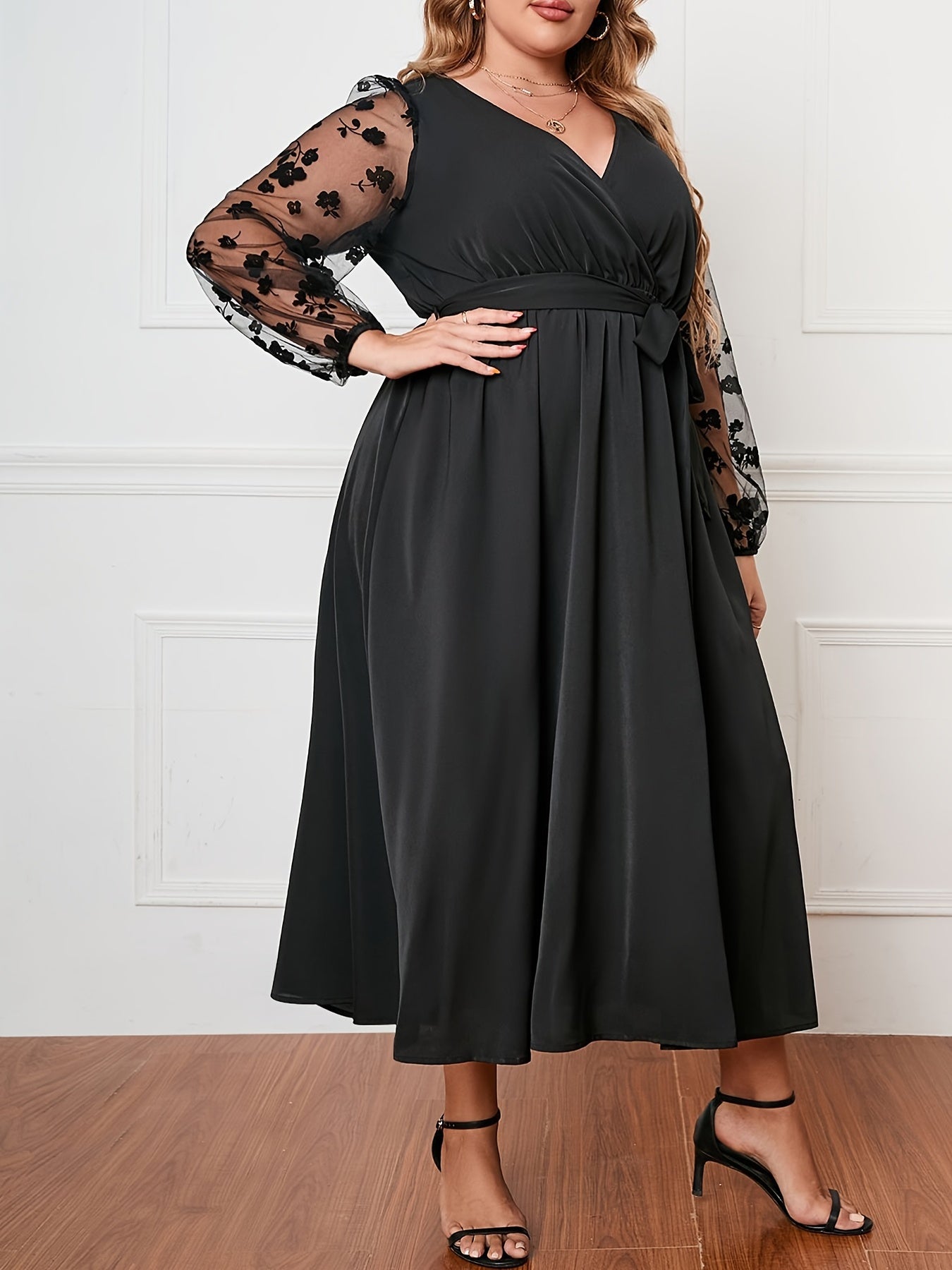 Mesh Lantern Sleeve Maxi Dress With Belt
