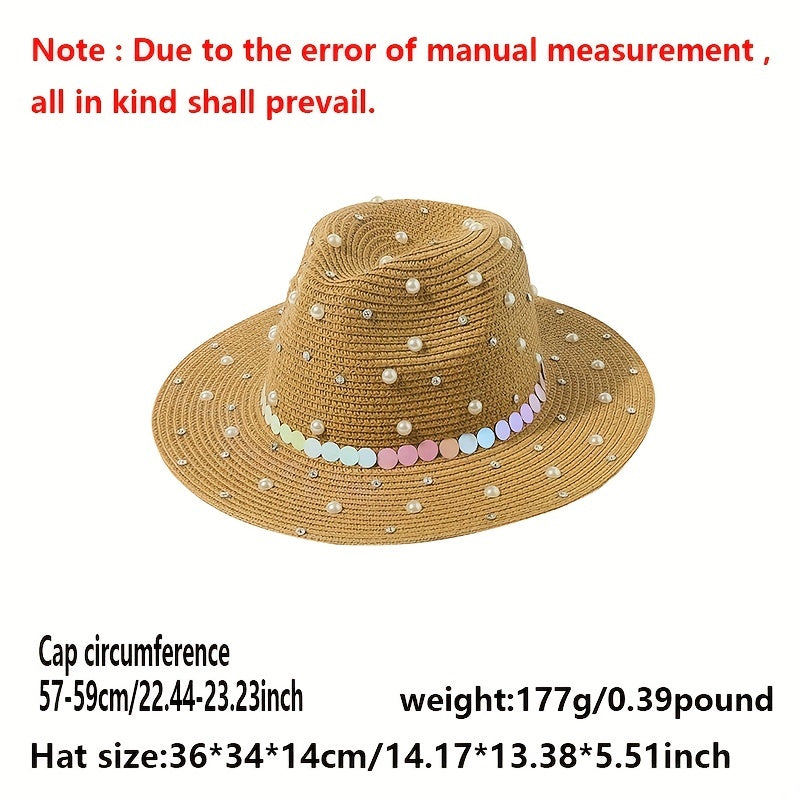 Faux Pearl Decor Straw Fedora Cap Jazz Sun Hat for Women