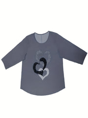 Heart Print Long Sleeve Round Neck Blouse