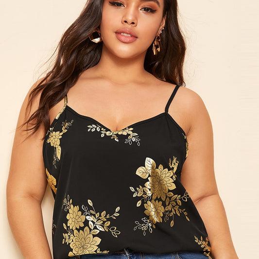 Golden Floral Print V Neck Cami Top