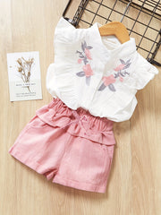Girls' Flowers Embroidered Sleeveless Shirt And Fringe Shorts Set