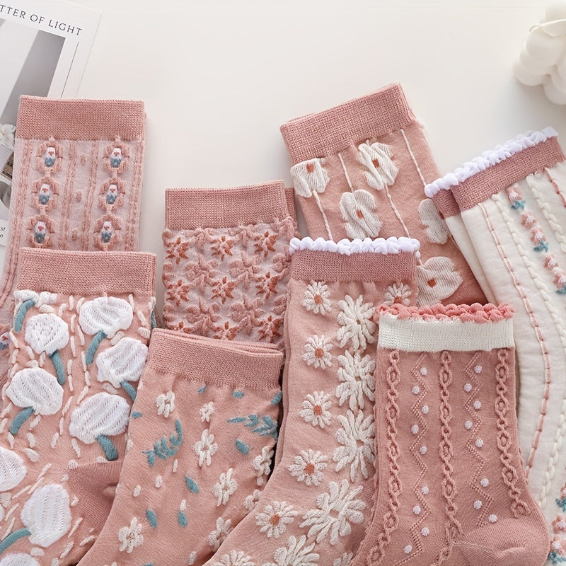 6 Pairs Floral Print Socks Women's Stockings
